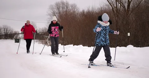 Three sisters of different ages joyfully ride along snow-covered rural road Stock Footage 311586392