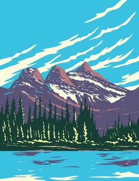 Three Sisters Mountain from Bow River near Banff Alberta Canada WPA Poster Ar Ilustração Stock