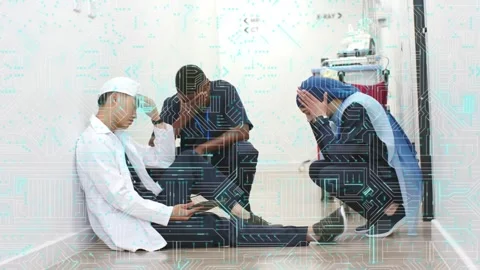 Three sitting in hall, left man holding phone, seeking support, tech overlay Stock Footage 330141898