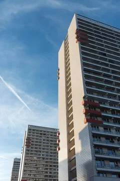 Three skyscraper blocks with lights and shadows Stock Photos