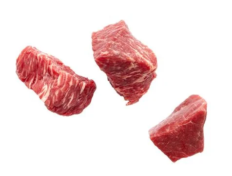 Three slices of raw beef meat isolated on white, clipping path Stock-Fotos