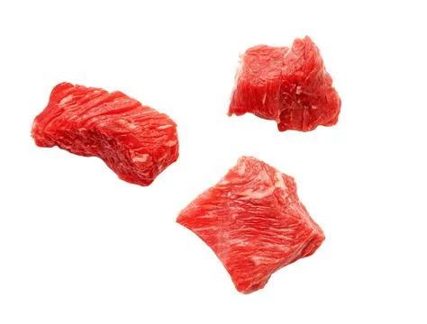 Three slices of raw beef meat isolated on white, clipping path. Foto stock