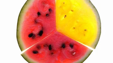 Three slices of red and yellow watermelon rotating on white background in 4K 库存影片 85607241