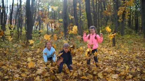Three small children throw autumn leaves in the park. Two girls and a boy are Stock Footage 160957896
