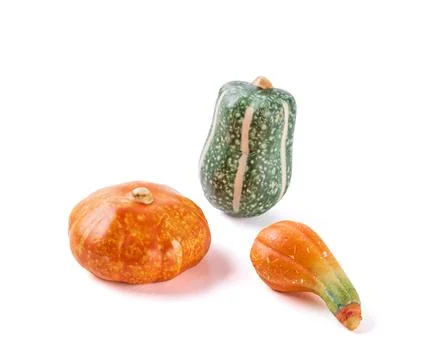 Three small decorative pumpkins of different colors on a white background Stock Photos