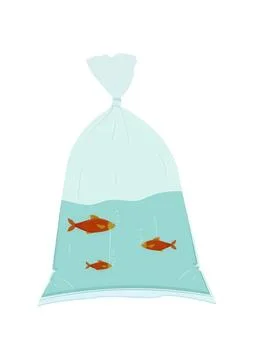 Three small fish swimming in a clear plastic bag Stock Illustration
