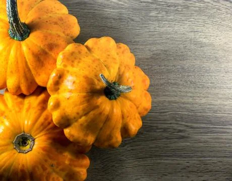 Three small ripe orange pumpkins on a natural rustic wood background with cop Stock Photos