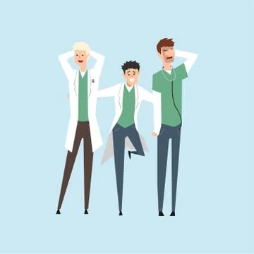 Three smiling doctors, hospital workers standing together vector Illustration on Stockillustratie
