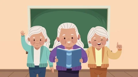 Three smiling elder women studying in classroom with chalkboard background,.. Stock Footage 333293104