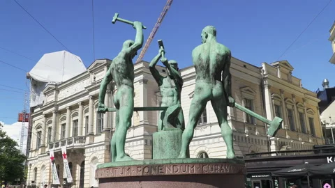 The Three Smiths Statue situated in central Helsinki, Finland Stock Footage 231183004
