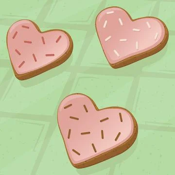 Three soapy heart shaped cookies with pink icing and decorative sprinkles Stock Illustration
