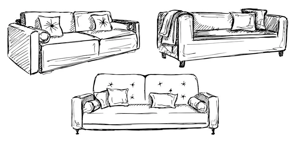 Three sofas isolated on white background. 库存插图