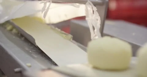 Three soft dough portions glide through a food plant hall, Static Shot Stock-Footage 340028818