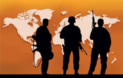 Three soldiers and a map of the world Stock Illustration