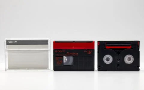 Three Sony mini dv digital videocassettes. Stock Photos