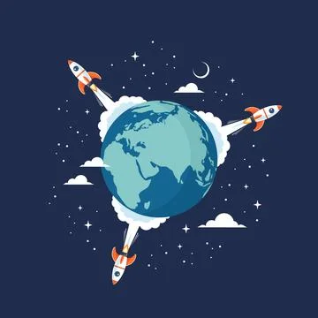Three space rockets launch from different sides of the Earth globe into space Stock Illustration