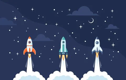 Three space rockets launching into the starry universe Stock Illustration