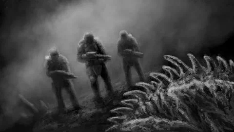 Three space soldiers and an alien mutant. Terrible illustration on black an.. Stock Illustration