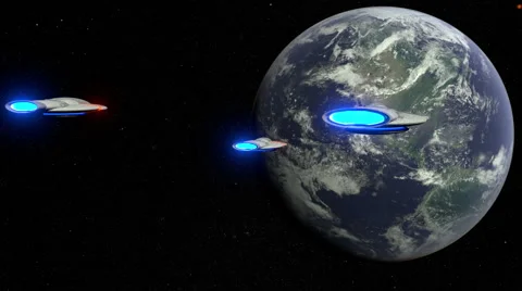 Three Spaceships approach Earth Stock Footage 45037396