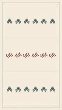 Three spacious cream panels display orderly charcoal floral emblems and rus.. Stock Illustration
