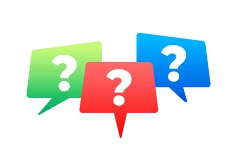 Three speech bubbles with question marks are floating, representing Stock-Illustration