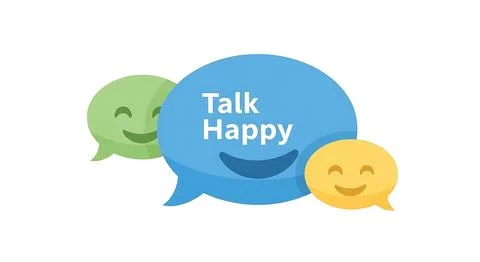 Three speech bubbles with smiling faces in green, blue, and yellow with the.. Stock Illustration