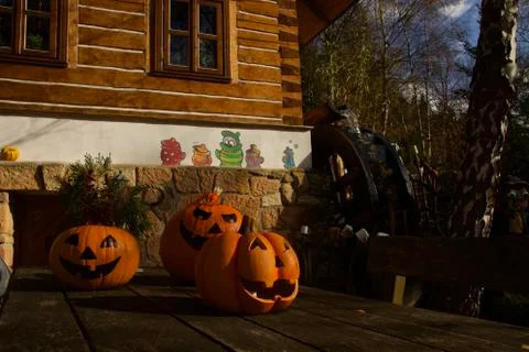 Three spooky-looking pumpkins in the gloom Stock Photos