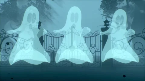Three spooky white ghosts dancing near ornate iron gate in misty haunted Vídeo Stock 316485947
