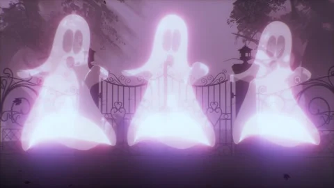 Three spooky white ghosts dancing near ornate iron gate in misty haunted Vídeo Stock 316678045