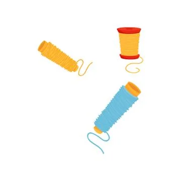 Three spools of colorful threads. Material for sewing. Flat vector element for Stock Illustration
