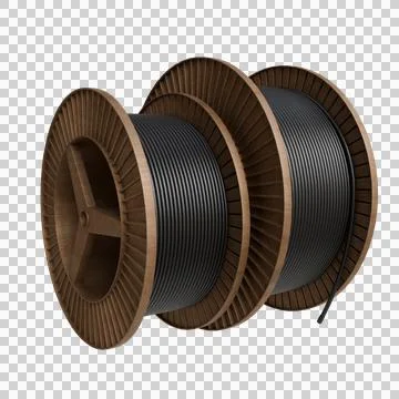 Three spools of dark-grey cable neatly wound onto concentric wooden Stock Illustration