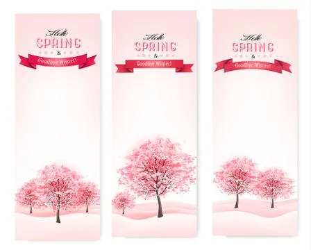 Three spring banners with blossoming sakura trees. vector. Stock Illustration