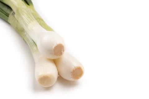 Three Spring Onions on a White Background Stock Photos