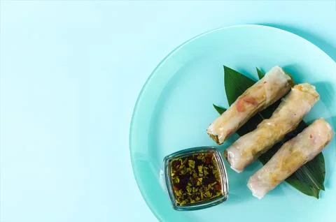 Three spring rolls stuffed with seafood and vegetables. Stock Photos