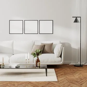 Three square frames mock up in home living room  interior with white sofa and Illustrazione stock