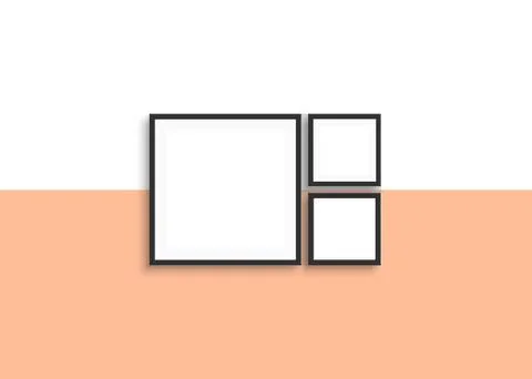Three square frames mockup design on peach fuzz color background. Gallery wall Stockillustratie