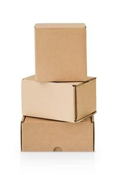 Three stack empty closed cardboard boxs on white isolated background with cli 写真素材