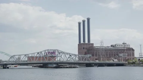 Three Stack Industrial Power Building in Providence Rhode Island Stock Footage 154755310