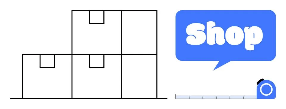 Three stacked boxes are shown next to a blue shop sign and a measuring tape.  イラスト素材