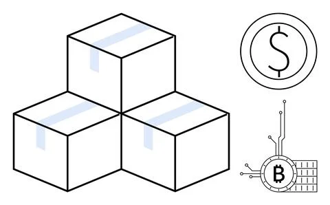 Three stacked boxes with blue tape, a dollar sign inside a circle, and a Bitc Illustrazione stock