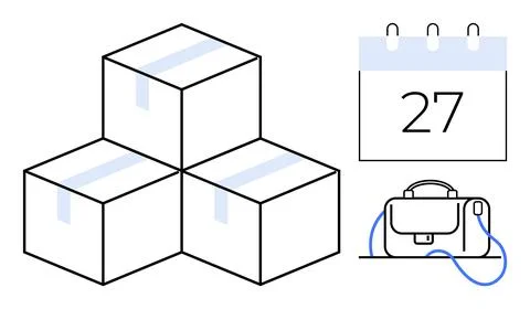 Three Stacked Boxes, Calendar with Date, Briefcase Representing Logistics a.. Stockillustratie