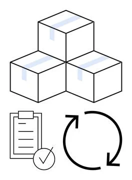 Three stacked boxes, a checklist with a checkmark, and recycling arrows. Idea Stock Illustration