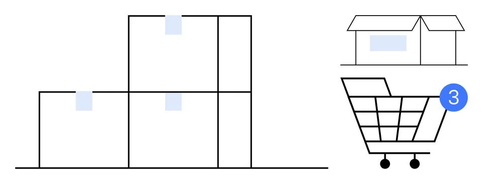 Three stacked boxes, house with package, shopping cart with notification. Ide イラスト素材