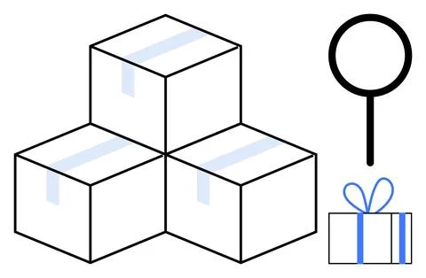 Three stacked boxes with a magnifying glass and a gift box, emphasizing pac.. Stockillustratie