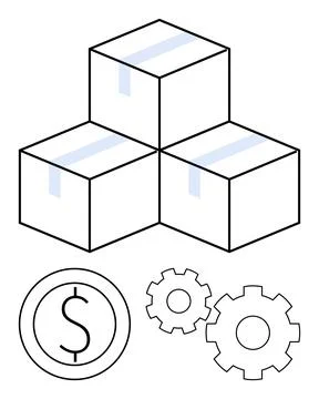 Three stacked cardboard boxes with dollar sign and cogwheels representing l.. イラスト素材