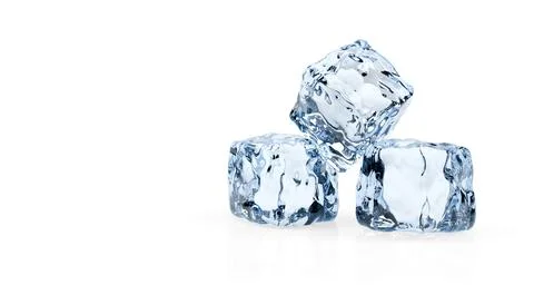 Three stacked ice cubes on white background with reflection and copy space Stock Illustration