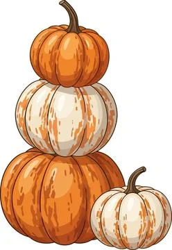 Three stacked, illustrated pumpkins, showcasing orange and white hues, are ar Illustrazione stock