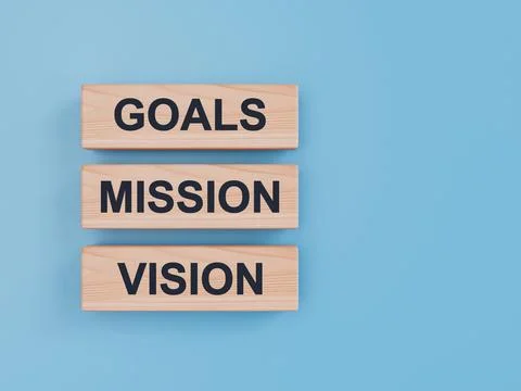 Three stacked wooden blocks displaying the text words goals mission and vision Stock Illustration