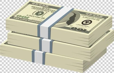Three stacks of $100 dollar bills bundled together with white bands, indica.. Illustrazione stock
