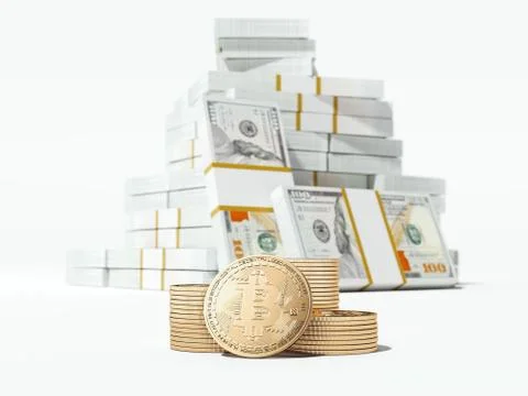 Three stacks of bitckoin and bundles of dollars. 3d rendering Illustrazione stock